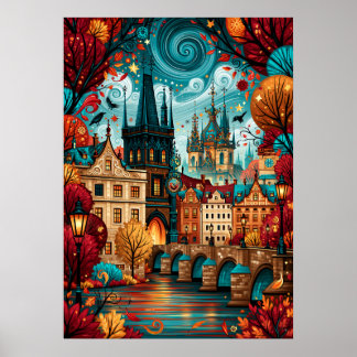 Psychedelic Prague Charles Bridge Cityscape Poster