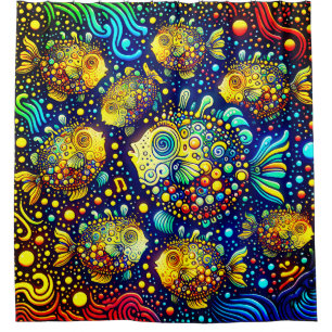 “Psychedelic Puffer Fish - Vibrant Underwater Art” Shower Curtain