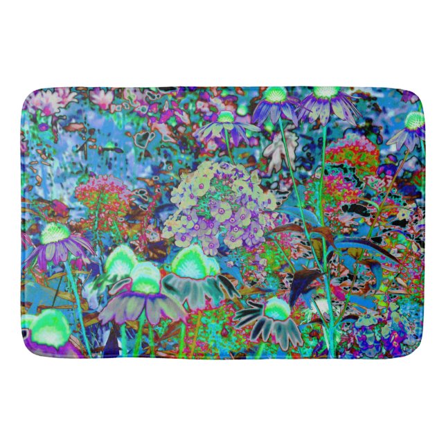 Psychedelic Purple and Lime Green Garden Flowers Bath Mat (Front)