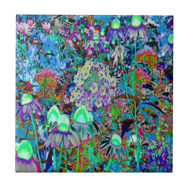 Psychedelic Purple and Lime Green Garden Flowers Ceramic Tile (Front)
