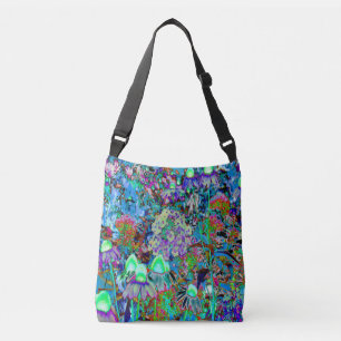 Psychedelic Purple and Lime Green Garden Flowers Crossbody Bag