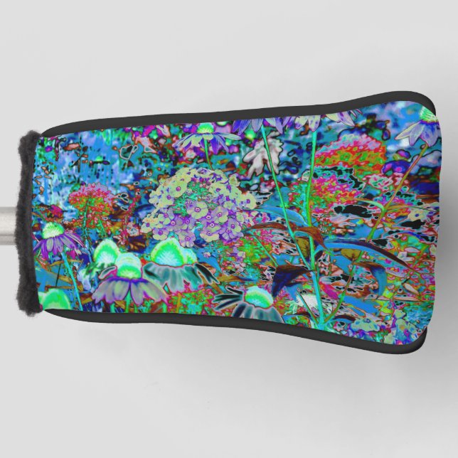 Psychedelic Purple and Lime Green Garden Flowers Golf Head Cover (Front)