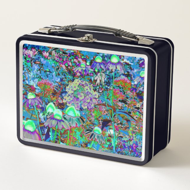 Psychedelic Purple and Lime Green Garden Flowers Metal Lunch Box (Front)