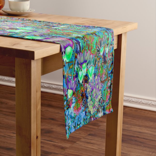 Psychedelic Purple and Lime Green Garden Flowers Short Table Runner (In Situ)