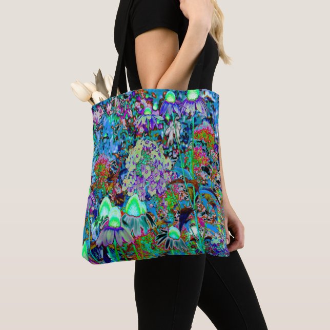 Psychedelic Purple and Lime Green Garden Flowers Tote Bag (Close Up)