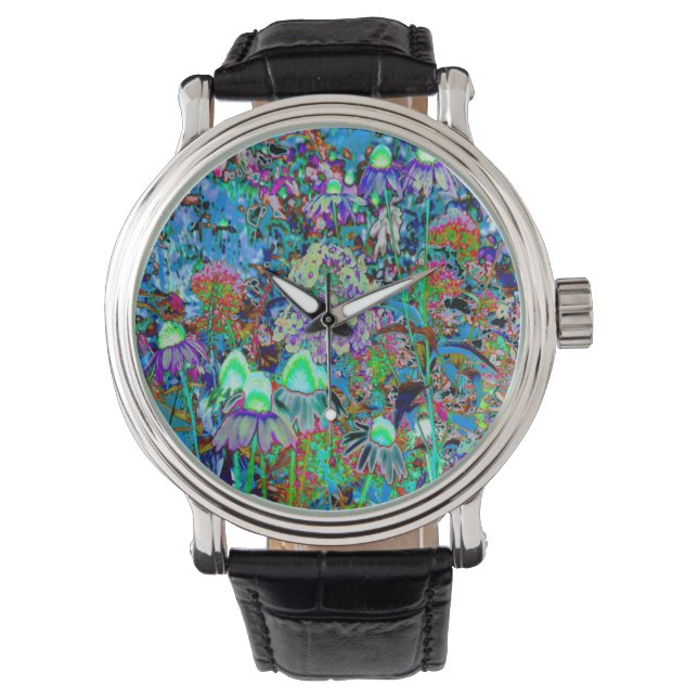 Psychedelic Purple and Lime Green Garden Flowers Watch (Front)