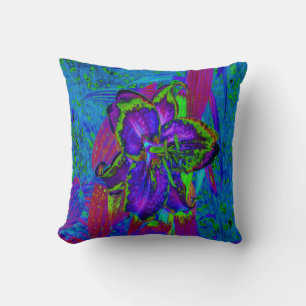 Psychedelic Purple and Lime Green Lily Flower Cushion