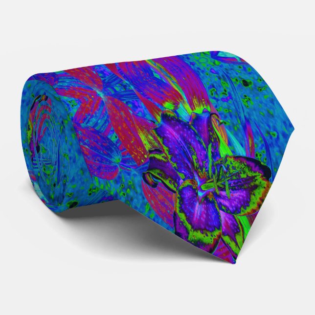 Psychedelic Purple and Lime Green Lily Flower Tie (Rolled)