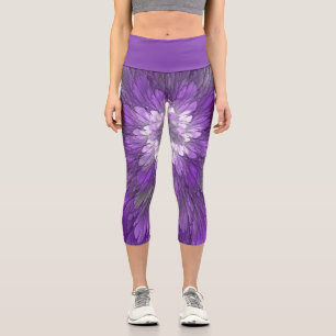 Psychedelic Purple Flower Abstract Fractal Art Capri Leggings