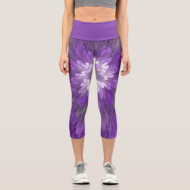 Psychedelic Purple Flower Abstract Fractal Art Capri Leggings (Front)