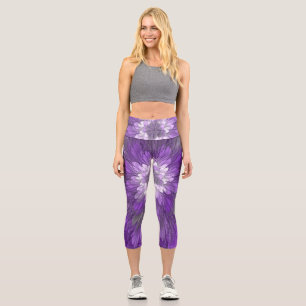 Psychedelic Purple Flower Abstract Fractal Art Capri Leggings