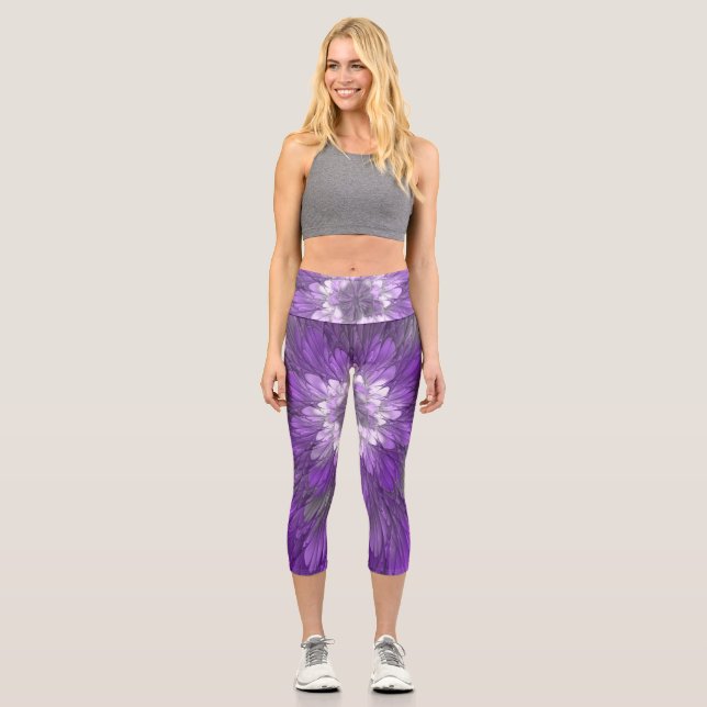 Psychedelic Purple Flower Abstract Fractal Art Capri Leggings (Front)