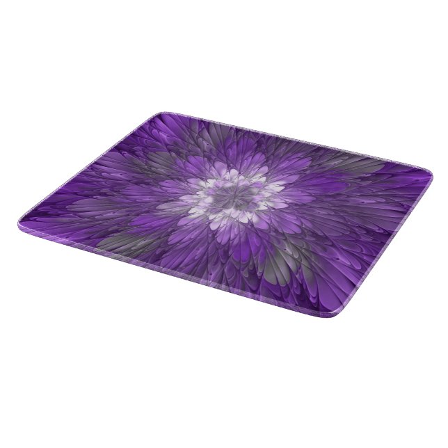 Psychedelic Purple Flower Abstract Fractal Art Cutting Board (Corner)