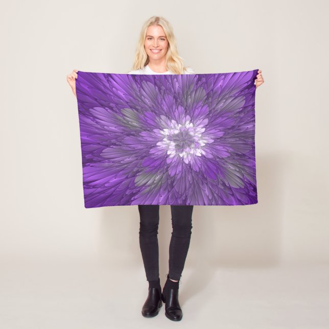 Psychedelic Purple Flower Abstract Fractal Art Fleece Blanket (In Situ)