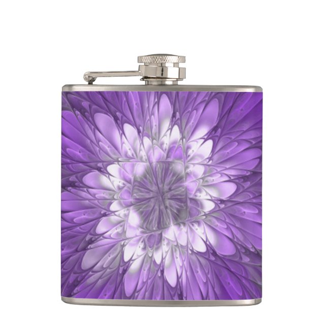 Psychedelic Purple Flower Abstract Fractal Art Hip Flask (Front)
