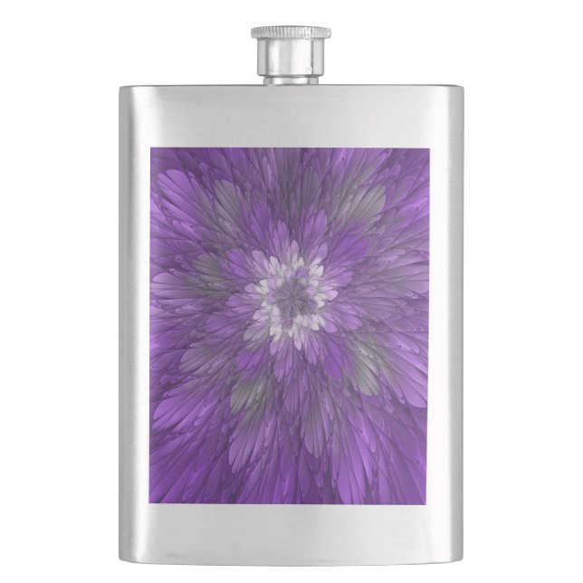 Psychedelic Purple Flower Abstract Fractal Art Hip Flask (Front)