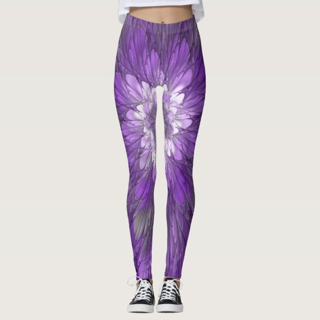 Psychedelic Purple Flower Abstract Fractal Art Leggings (Front)