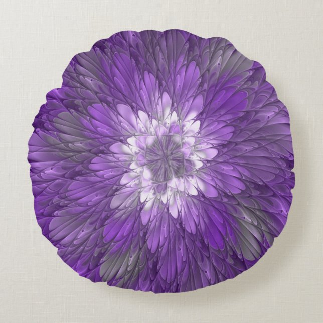 Psychedelic Purple Flower Abstract Fractal Art Round Cushion (Front)