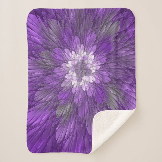 Psychedelic Purple Flower Abstract Fractal Art Sherpa Blanket (Front)