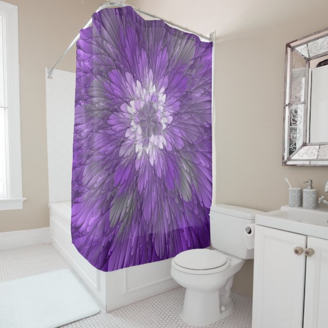 Psychedelic Purple Flower Abstract Fractal Art Shower Curtain (In Situ)