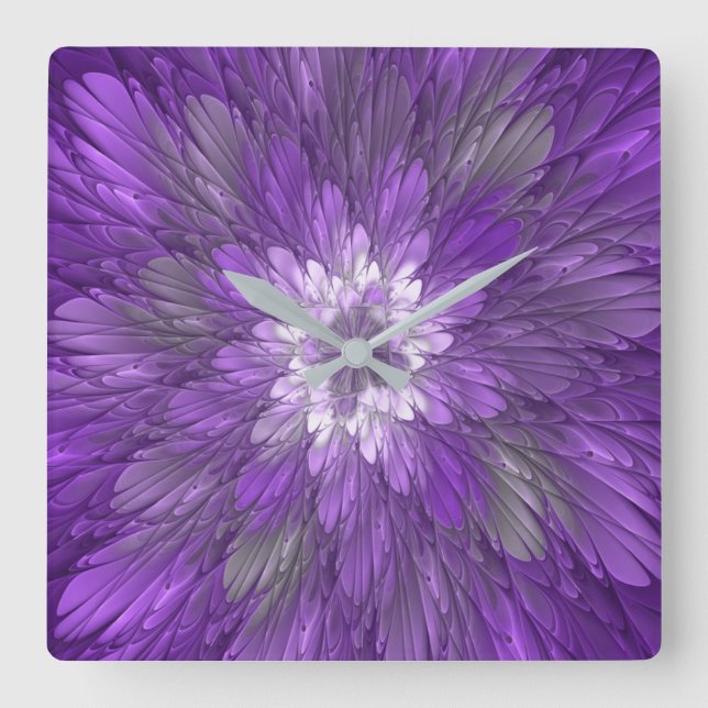 Psychedelic Purple Flower Abstract Fractal Art Square Wall Clock (Front)