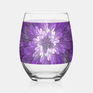 Psychedelic Purple Flower Abstract Fractal Art Stemless Wine Glass