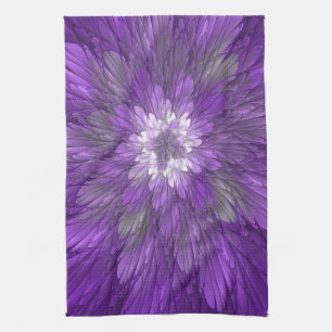 Psychedelic Purple Flower Abstract Fractal Art Tea Towel