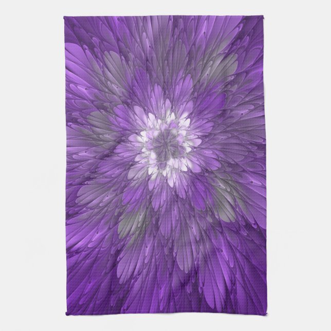 Psychedelic Purple Flower Abstract Fractal Art Tea Towel (Vertical)