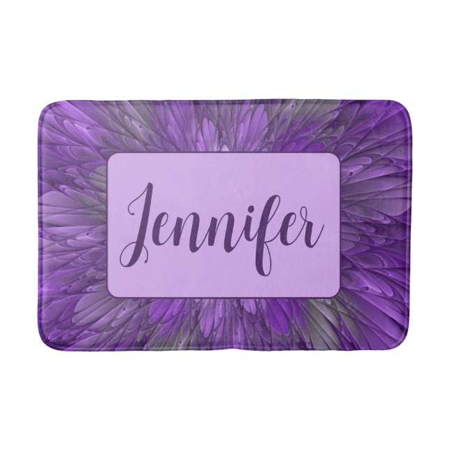 Psychedelic Purple Flower Abstract Fractal Name Bath Mat (Front)