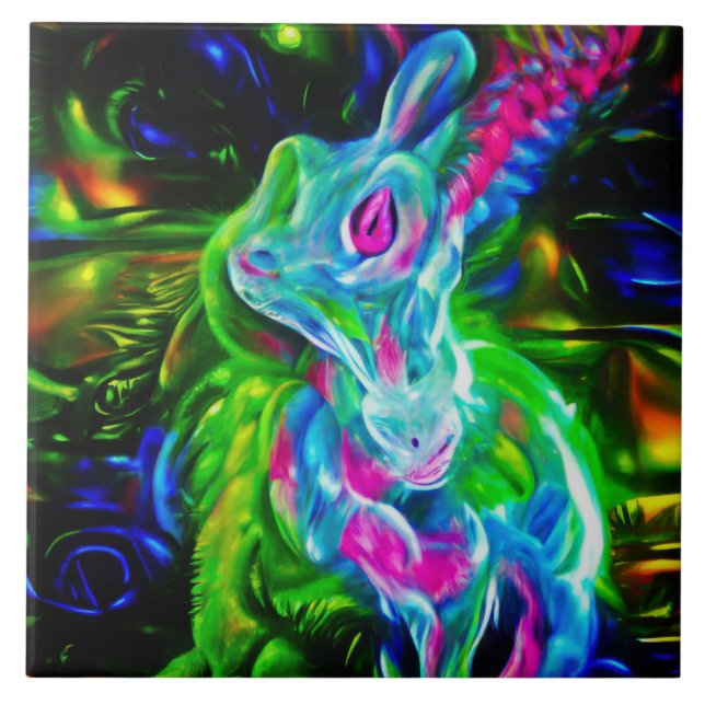 Psychedelic Rabbit Dragon in Neon Fantasy Ceramic Tile (Front)