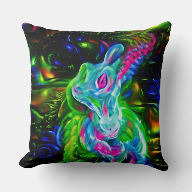 Psychedelic Rabbit Dragon in Neon Fantasy Cushion (Front)