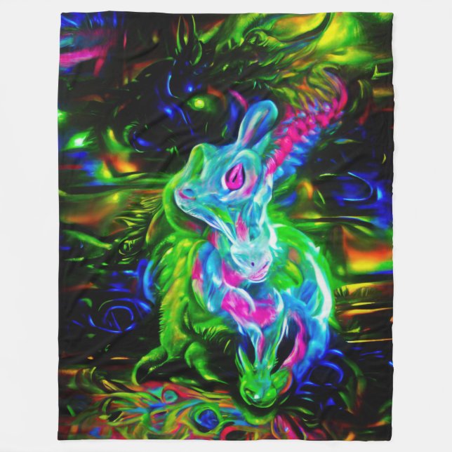 Psychedelic Rabbit Dragon in Neon Fantasy Fleece Blanket (Front)