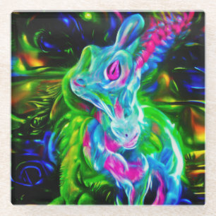 Psychedelic Rabbit Dragon in Neon Fantasy Glass Coaster
