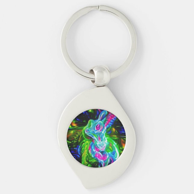 Psychedelic Rabbit Dragon in Neon Fantasy Key Ring (Front)