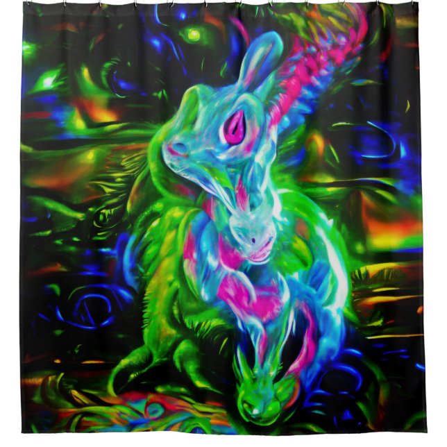 Psychedelic Rabbit Dragon in Neon Fantasy Shower Curtain (Front)