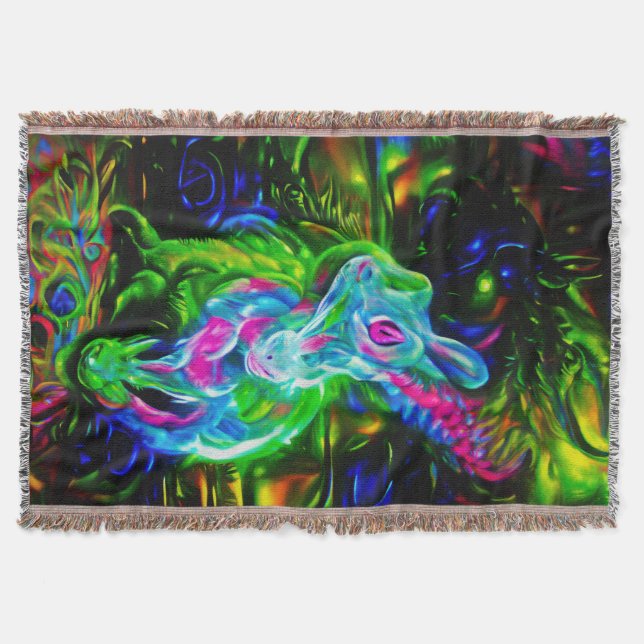 Psychedelic Rabbit Dragon in Neon Fantasy Throw Blanket (Front)