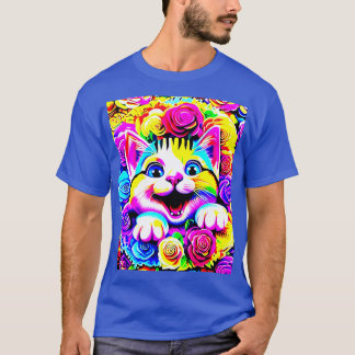 Psychedelic Rainbow Cat in a Blooming Garden of Ro T-Shirt