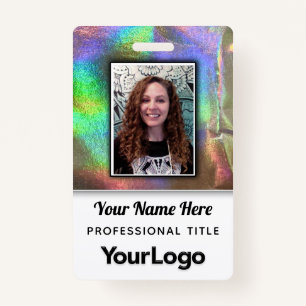 Psychedelic Rainbow Faux Holographic Photo Name ID Badge