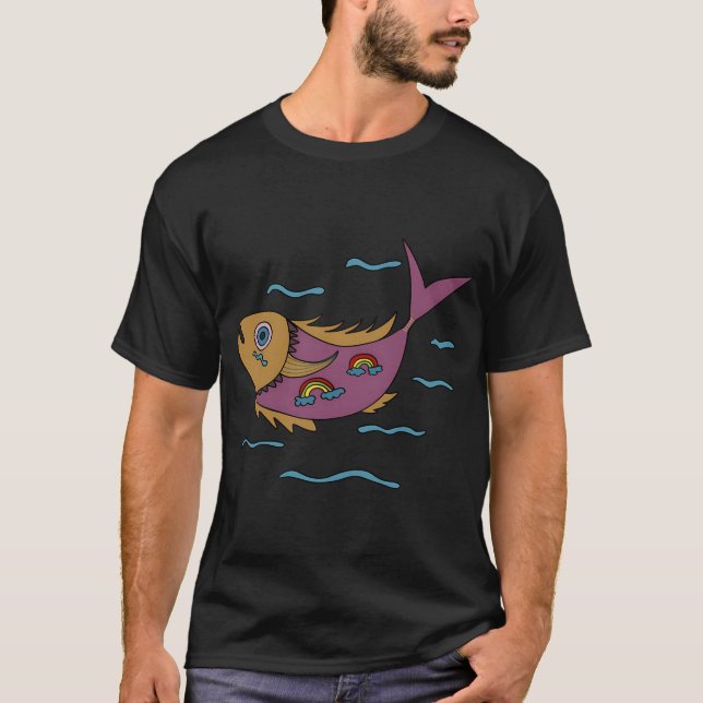 Psychedelic Rainbow Fish Drawing T-Shirt (Front)