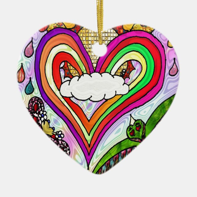 Psychedelic Rainbow Heart Art Print Ceramic Ornament (Front)