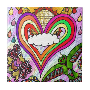 Psychedelic Rainbow Heart Art Print Ceramic Tile