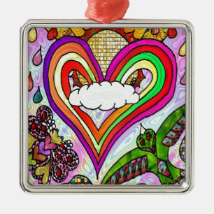 Psychedelic Rainbow Heart Art Print Metal Ornament