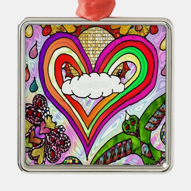Psychedelic Rainbow Heart Art Print Metal Ornament (Front)