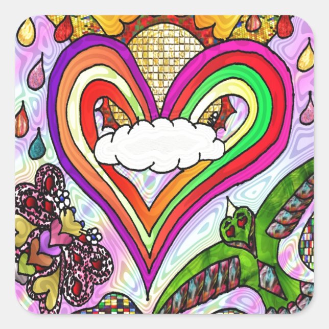 Psychedelic Rainbow Heart Art Print Square Sticker (Front)