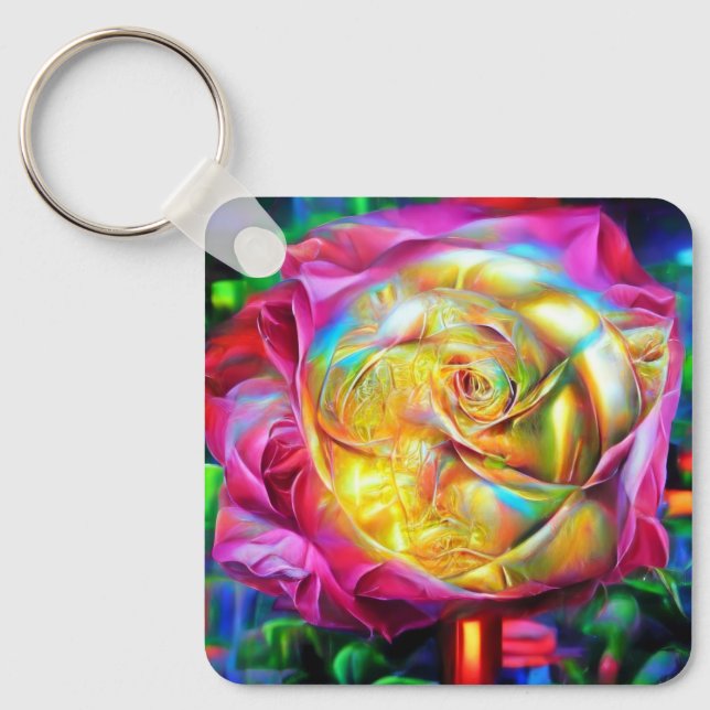 Psychedelic Rainbow Rose Key Ring (Front)
