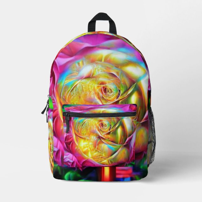 Psychedelic Rainbow Rose Printed Backpack (Front)