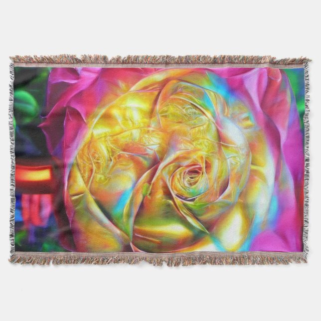 Psychedelic Rainbow Rose Throw Blanket (Front)
