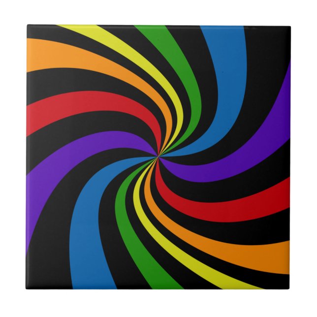 Psychedelic Rainbow Swirl Bold Black Abstract Wild Ceramic Tile (Front)