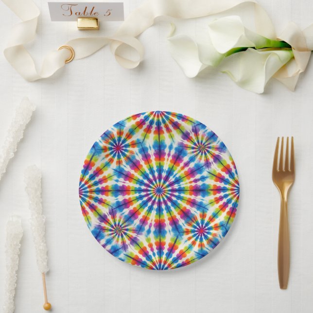 Psychedelic Rainbow Tie-Dye Retro Paper Plates (Wedding)