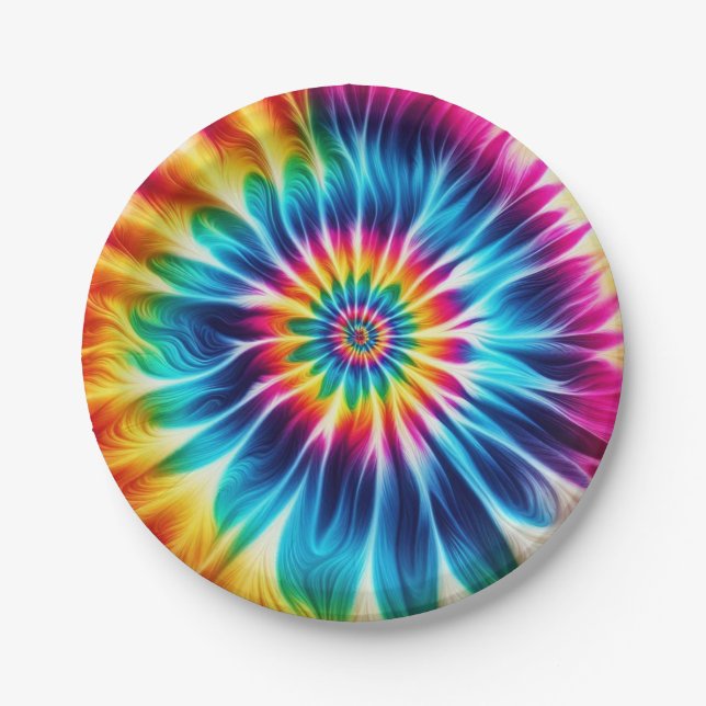 Psychedelic Rainbow Tie-Dye Retro Paper Plates (Front)
